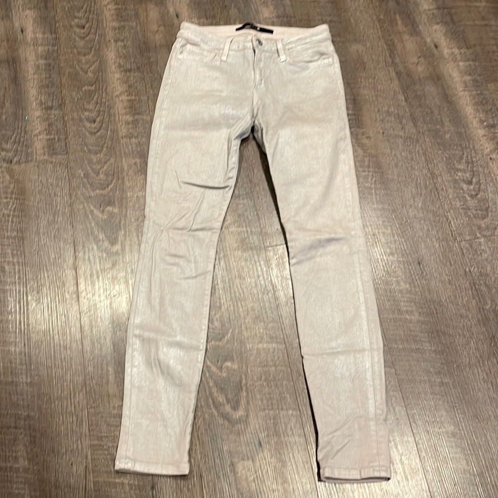 Joe’s jeans, waxy silver shimmer finish to them